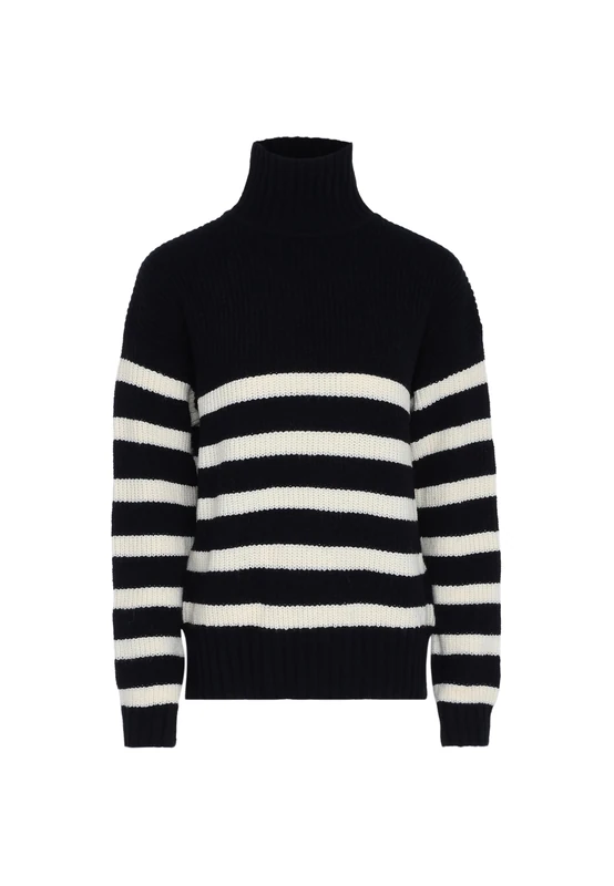 Blonda Women's High Neck Striped Vintage Knit Top Acrylic Black Beige Size XL/XXL Pullover Sweater