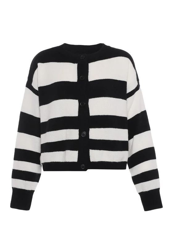FENIA Women's Damen Trendiger Gestreifter Strick-Cardigan Acryl Schwarz Wollweiss Größe M/L Sweater, Black Wool White