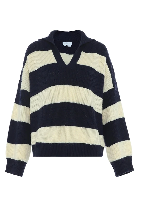 blonda Women's Damen Übergroßer Gestreifter Modepullover mit Revers Acryl Marine Wollweiss Größe XL/XXL Pullover Sweater, Navy Wool White - Image 1