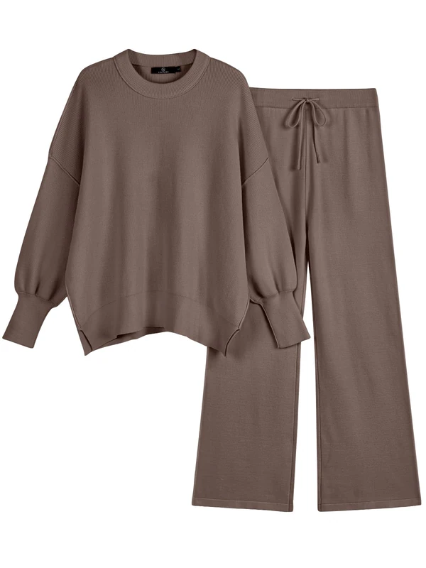 LILLUSORY Women 2 Piece Outfits Sweatsuit Sweater Sets Oversized Knit Pullover Tops Wide Leg Pants Lounge Set, Nutmeg, M