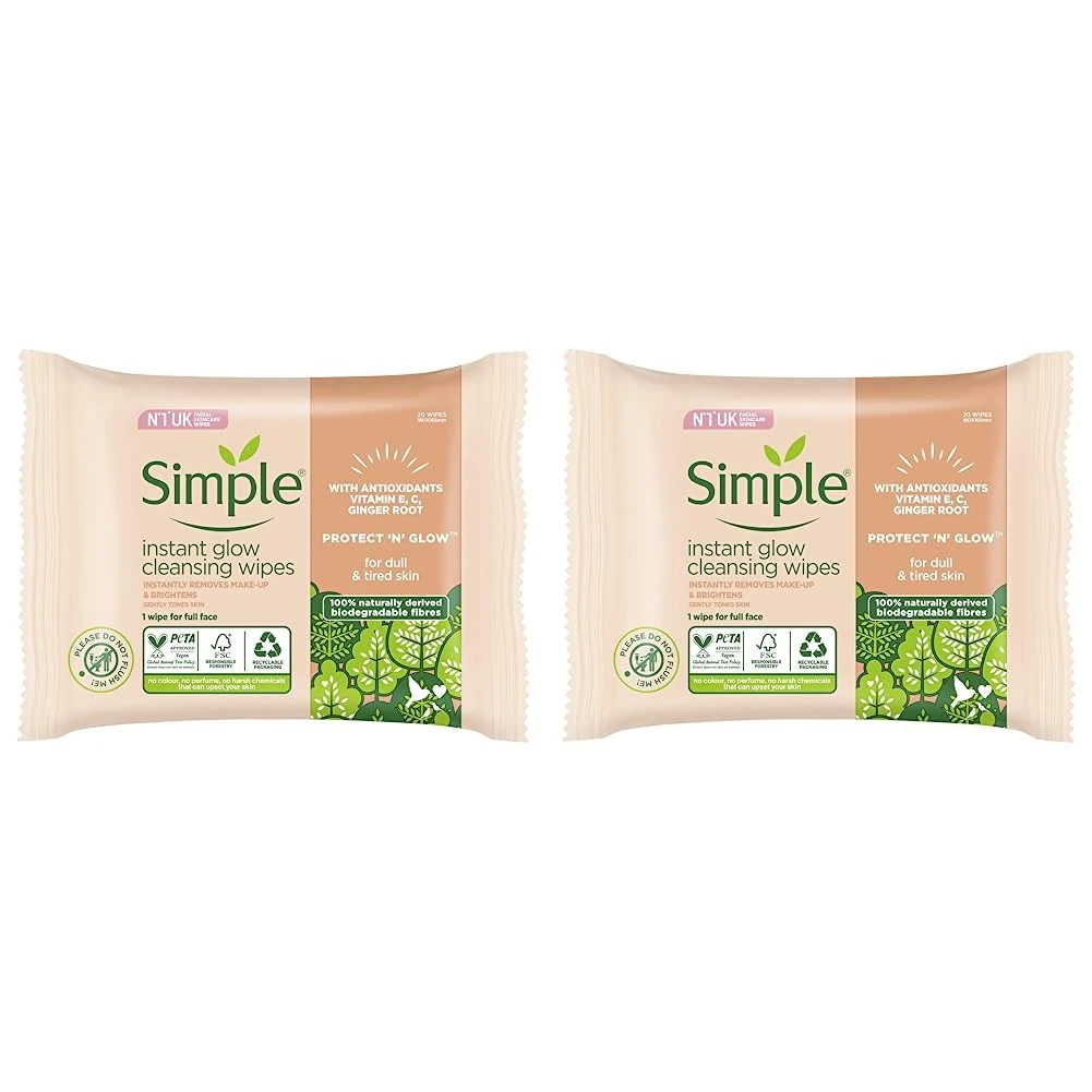 Simple Protect ‘N’ Glow Instant Glow Biodegradable Wipes dermatologically tested for sensitive skin 20 wipes (Pack of 2)