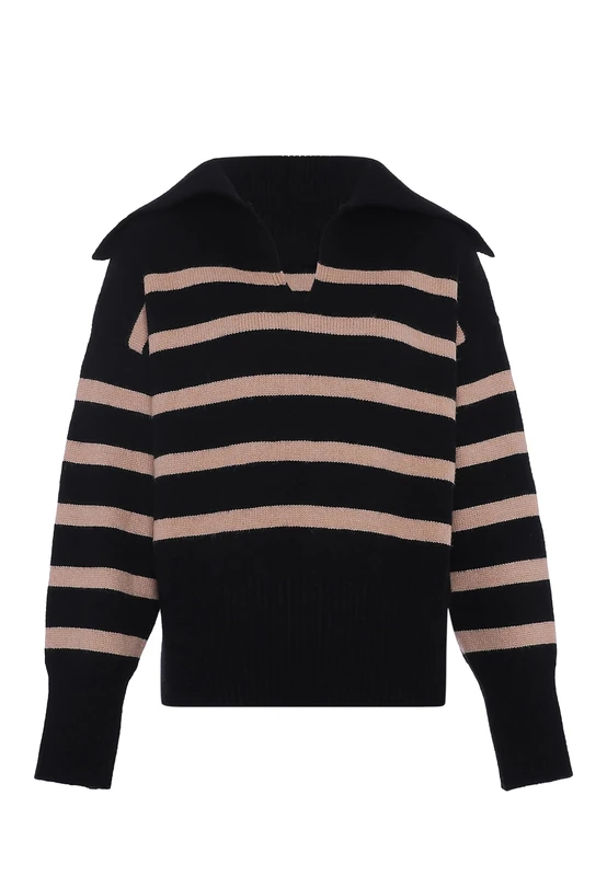 Blonda Women's Oversized Striped Lapel Sweater Acrylic Black Beige Size M/L Pullover