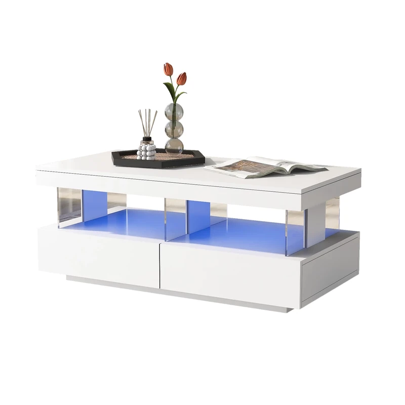 Merax Coffee Table Rectangular Living Room, White High Gloss, 2 Drawers, Open Storage Space, 16 Colors LED Lights, 100x60x49.5 cm