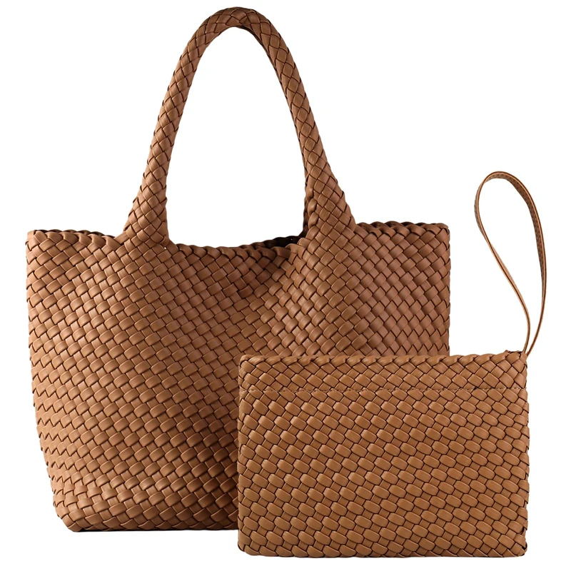 SporGenius Woven Tote Bag for Women, Vegan Leather Handwoven Bags with Small Handmade Purse, Large Travel Braided Top Handle Handbags, Brown, Classic Handmade Shopper Bag