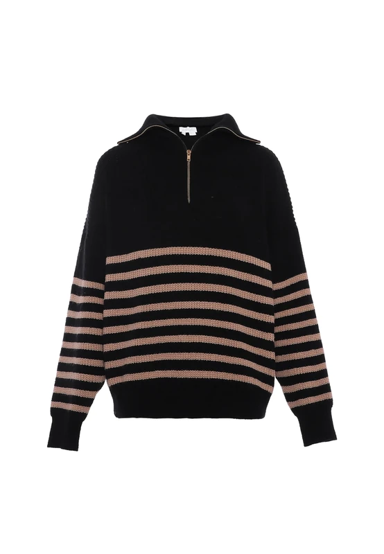 Blonda Women's Striped Knitted Pullover with Half Zip and Stand-Up Verse Acrylic Black Beige Size M/L Sweater, M