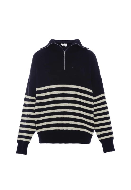 Blonda Women's Striped Knitted Jumper with Half Zip and Stand-Up Verse Acrylic Navy Wool White Size M/L Pullover Sweater, M - Image 1