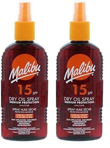 Malibu Suntan Dry Oil Spray Very Water Resistant SPF 15 Medium Protection (Pack of 2)