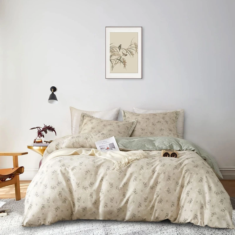 Boho Floral Duvet Cover Full Size Cotton Aesthetic Bedding Set Garden Beige Comforter Cover Chic Botanical Reversible Green With Zipper