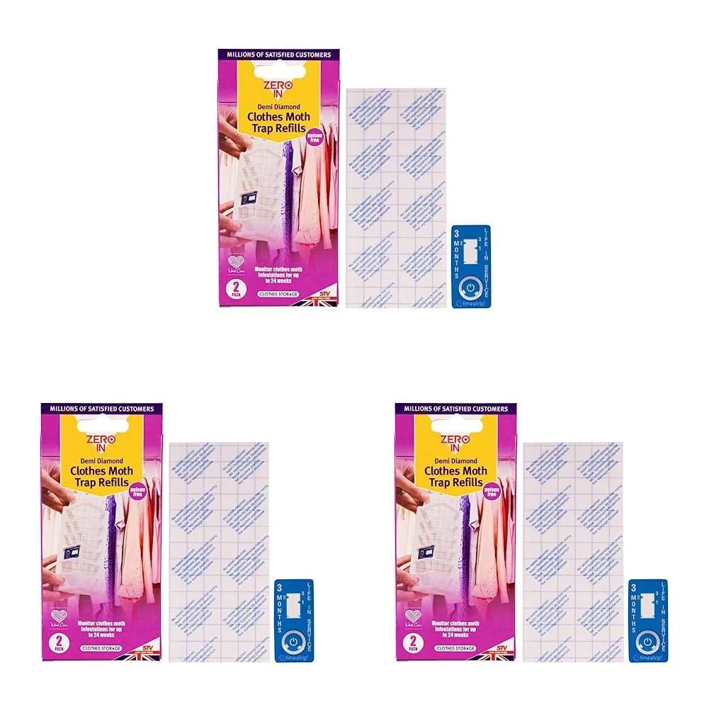 Zero In Demi-Diamond Clothes Moth Killer Refill – Twinpack. Pheromone Technology. Poison-Free. Monitor Infestations. 2 Life-time Indicators and 2 Pheromone Glue Boards (Pack of 3)