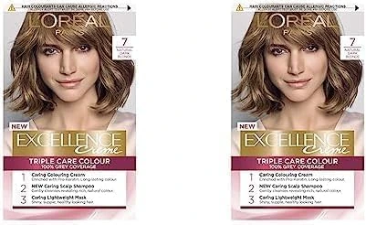 L'Oréal Paris Excellence Crème Permanent Hair Dye, Radiant At-Home Hair Colour with up to 100% Grey Coverage, Pro-Keratin, Up to 8 Weeks of Colour, Colour: 7 Natural Dark Blonde (Pack of 2)