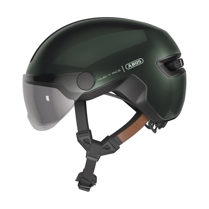 ABUS HUD-Y ACE city helmet - stylish bike helmet with visor and magnetic, rechargeable rear LED light - for men and women - green, size L