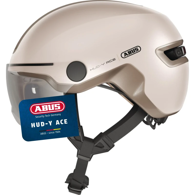 ABUS HUD-Y ACE city helmet - stylish bike helmet with visor and magnetic, rechargeable rear LED light - for men and women - beige, size L