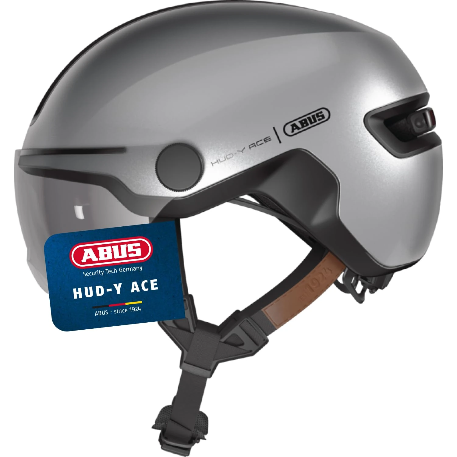 ABUS HUD-Y ACE city helmet - stylish bike helmet with visor and magnetic, rechargeable rear LED light - for men and women - silver, size L