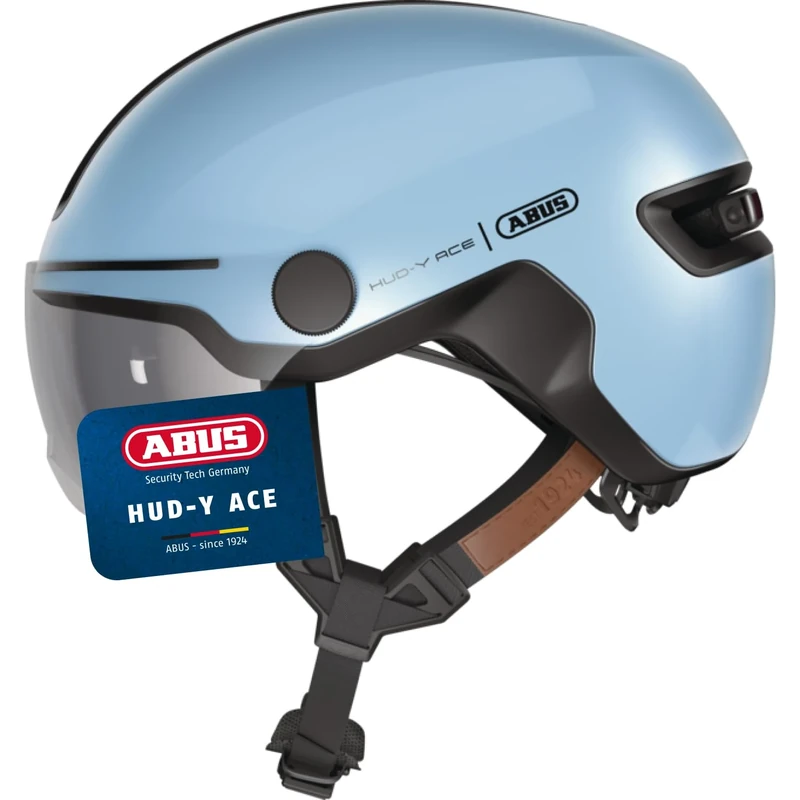 ABUS HUD-Y ACE city helmet - stylish bike helmet with visor and magnetic, rechargeable rear LED light - for men and women - blue, size M