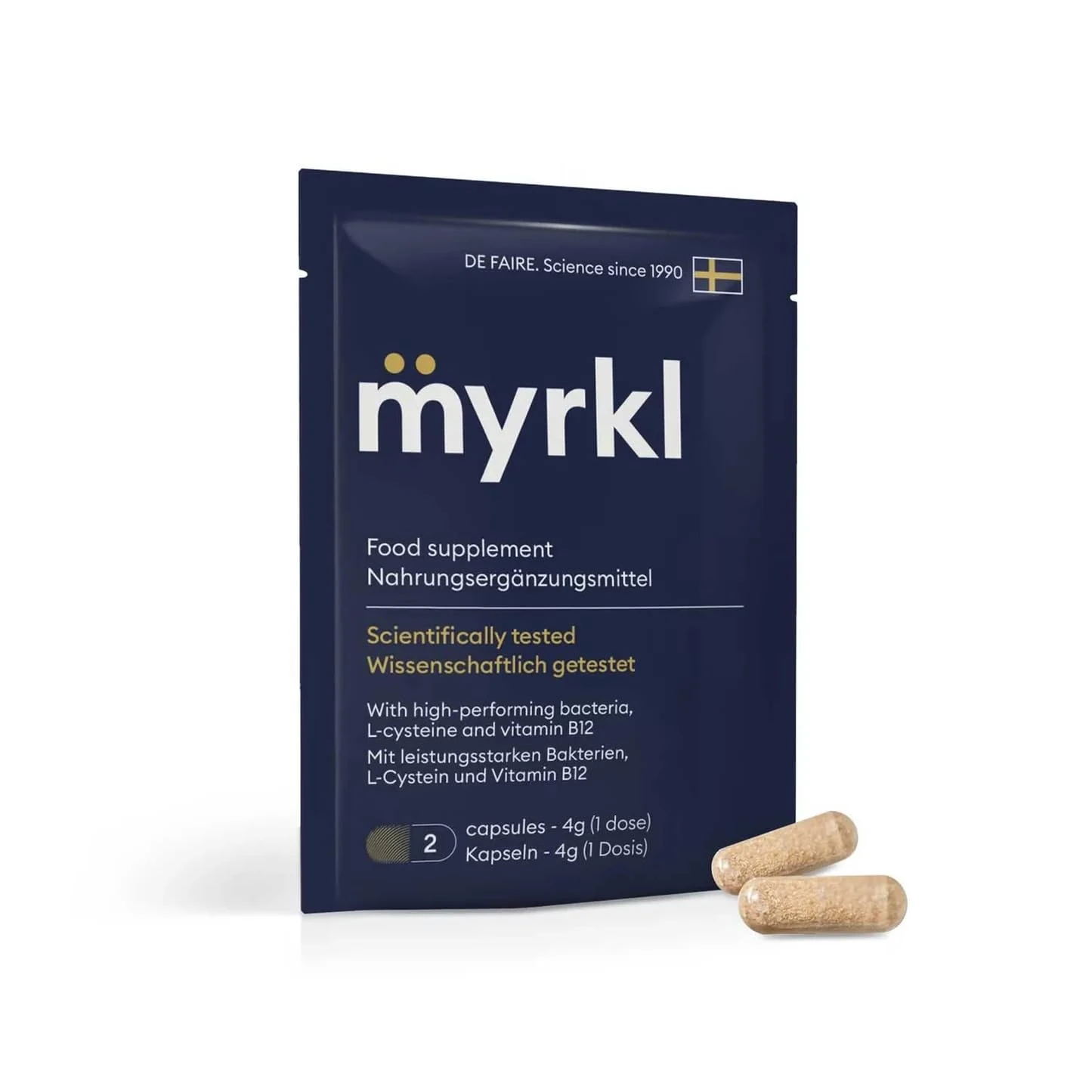Myrkl, Unique Formula Helps Reduce Tiredness and Fatigue | Probiotics, L Cysteine, and Vitamin B12 Helps with Morning Energy | Food Supplement, Natural, Vegan, 8 Capsules (2 in Each On-The-Go Sachet)