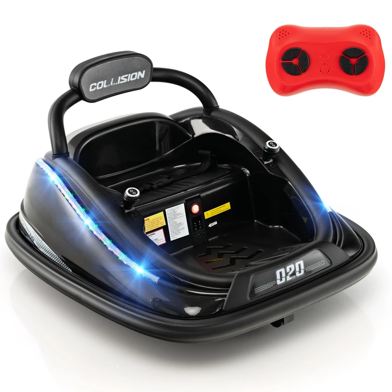 GYMAX Kids Ride On Bumper Car, 12V Children Electric Waltzer Car with Remote Control, Dual Joysticks, Music, Flashing Lights & Safety Belt, 360° Spin Toy Vehicle for 3-8 Years Old (Black)