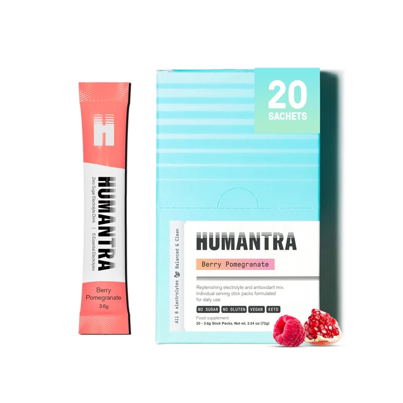 Humantra Electrolytes Powder - Berry Pomegranate Flavor, 20ct - Powdered Hydration Sachets - Plant-Based Electrolyte Powder with 6 Electrolytes - Vegan, Sugar Free, Gluten Free - Image 1