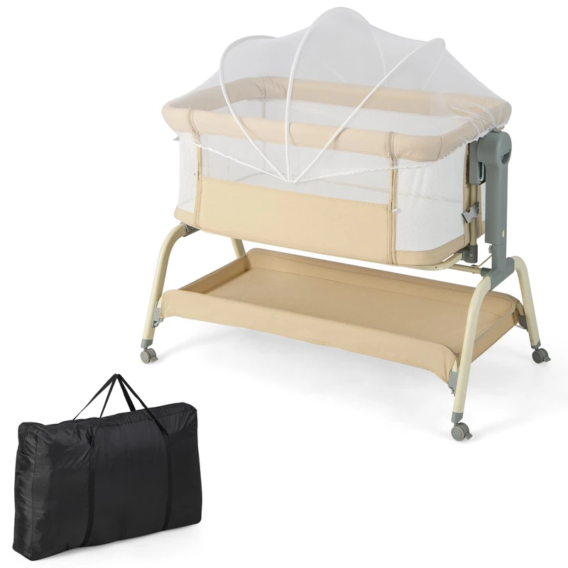 GYMAX Baby Bedside Crib, 4-in-1 Infant Bassinet with Detachable Net, Soft Mattress, Storage Basket and Wheels, Height Adjustable Toddler Co-Sleeping Bed (Beige)