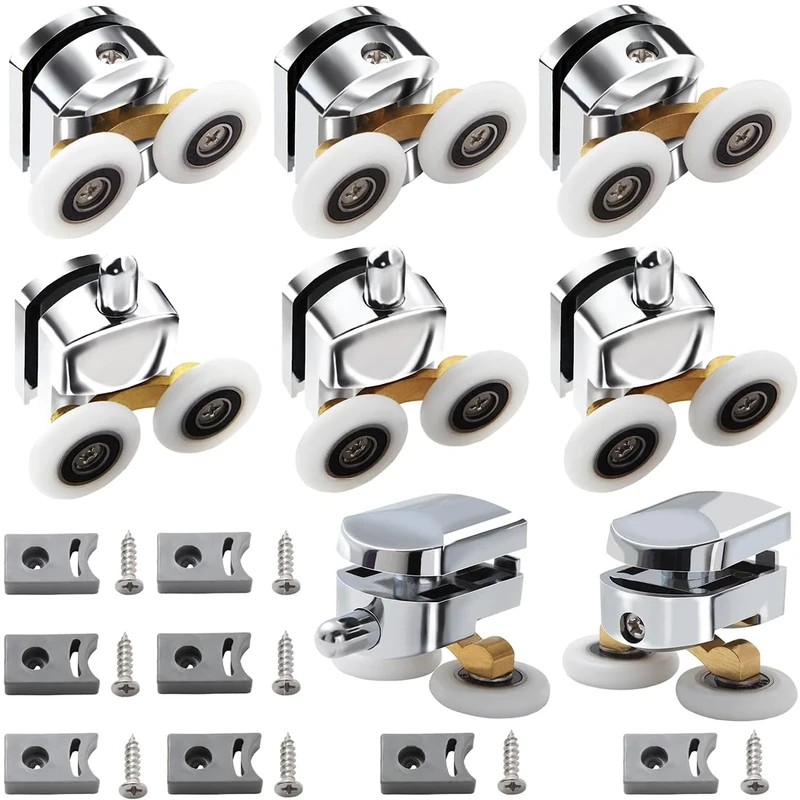 Shower Door Rollers with Twin Wheels Pulleys 25 mm for Curved Doors Glass Doors 4-6mm,8pcs Bathroom Replacement Parts Chrome Plated with Anti-Collision Block and Screws 2Top & 2Bottom (8)
