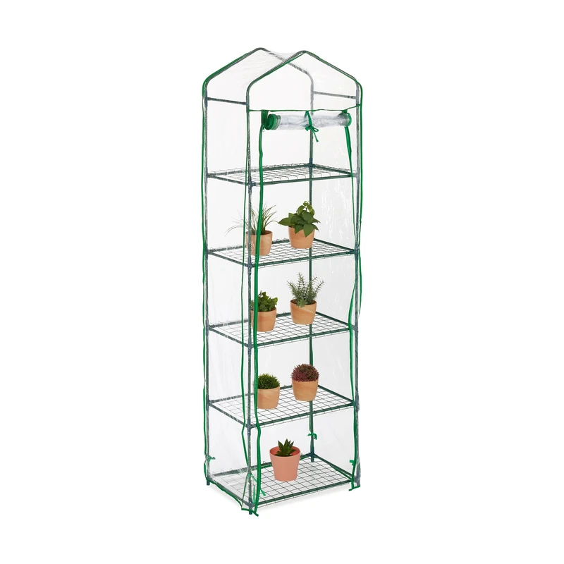 Relaxdays Balcony Greenhouse, HWD: 193 x 58 x 36 cm, 5 Tiers, Iron & PVC Foil, Compact Propagator, Transparent/Green