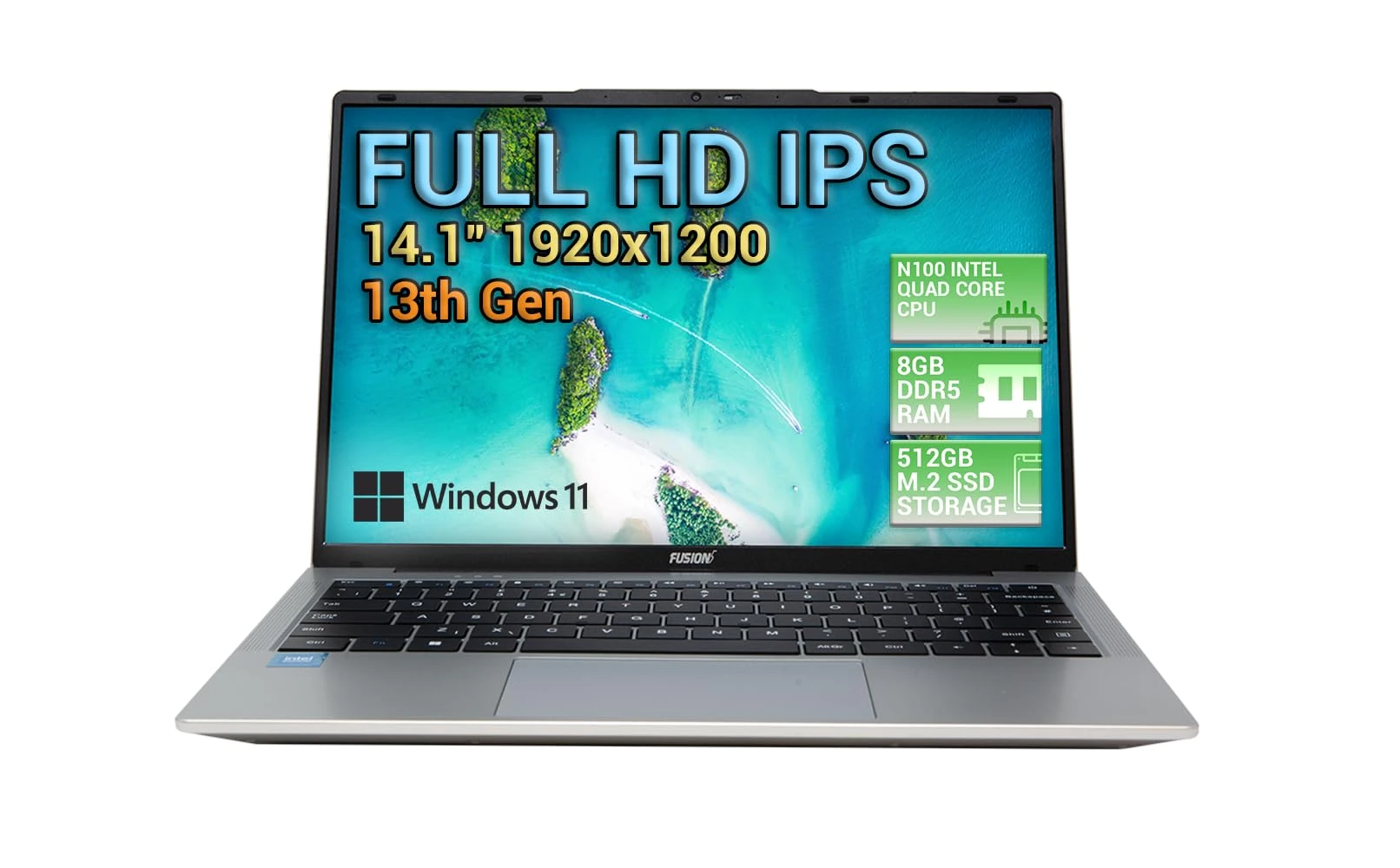 Fusion5 13th Gen 14.1" Full HD Windows 11 Laptop - 512GB M.2 SSD Storage, 8GB DDR5 RAM, T90B Pro, N100 Intel Quad Core,Dual WiFi, USB 3.0, 2MP, Webcam with privacy cover, 2023 Model