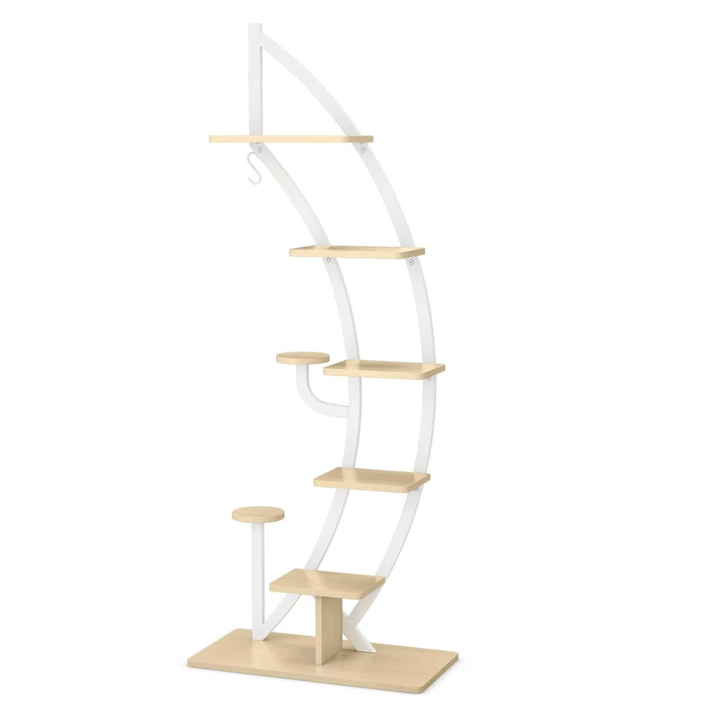 GiantexUK 8-Tier Plant Stand, Metal Garden Flower Pot Holder Display Rack with Top Hook and Anti-Toppling Device, Tall Ladder Display Shelf for Indoor Outdoor (Natural + White)