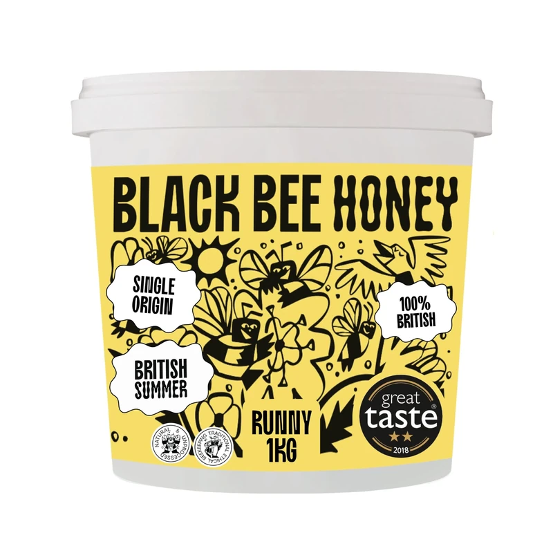Black Bee Honey - Pure British Summer Honey, Runny with a Rich Heady Floral Flavour, Unprocessed, Single Source from Hive to Jar, Never Blended - Delicious on Toast, Soothing in Drinks, 1Kg Tub