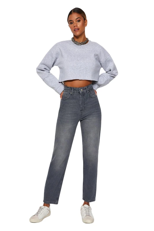 Trendyol Women's Damen Gerade Mama Hohe Taille Jeans, Gray, 12