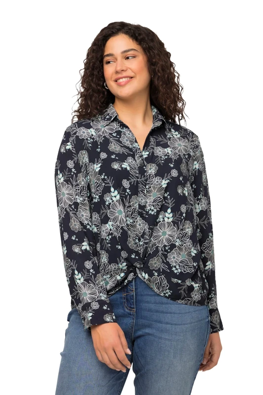 Ulla Popken Women's Shirt Blouse with Print Blouses, navy, 50-52