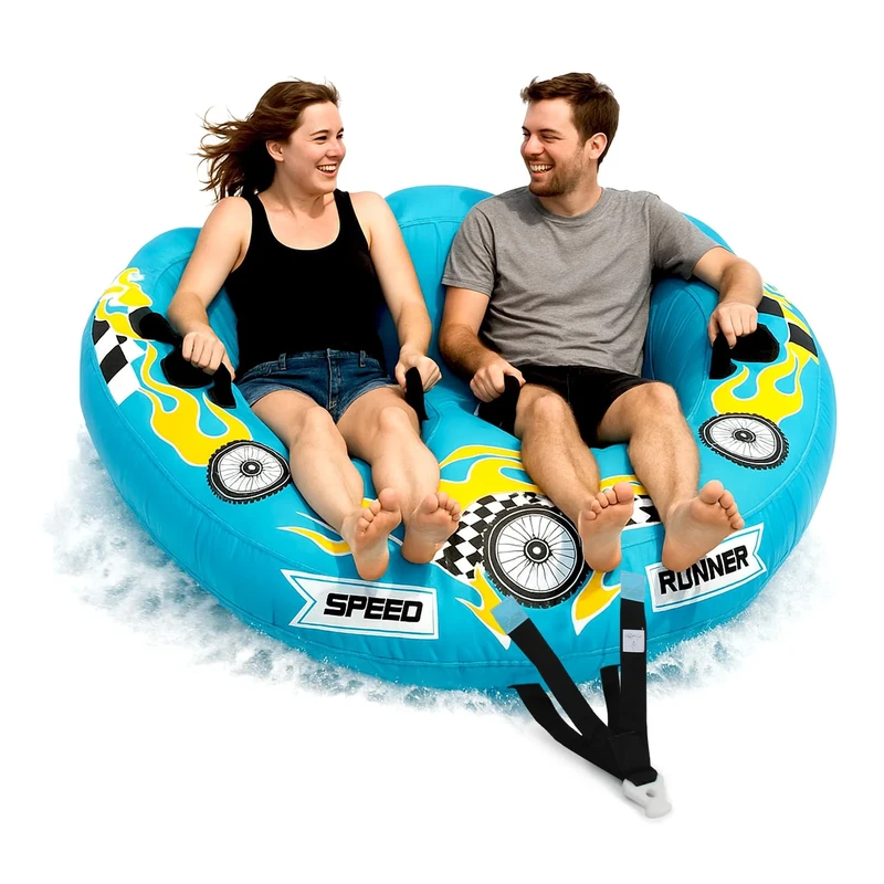 Watersports Inflatable Towable Booster Tube - Two Person Water Boating Float Tow Raft, Inflatable Pull Boats/Tubes/Towables w/Dual Seats, PVC Bladder, Foam Pad, Nylon Handles