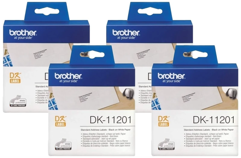 Brother DK-11201 Label Roll, Standard Address Labels, Black on White, 400 Labels, 29 mm (W) x 90 mm (L), Brother Genuine Supplies (Pack of 4)
