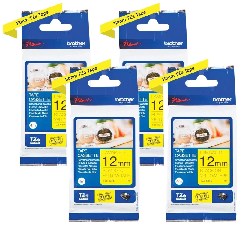 Brother TZe-631S - Black on Yellow - Roll (1.2 cm x 4 m) 1 Cassette(s) Laminated Tape - for Brother PT-D210, D600, H110, P-Touch PT-1005, D200, D450, E550, H110, P300, P900, P950 (Pack of 4)