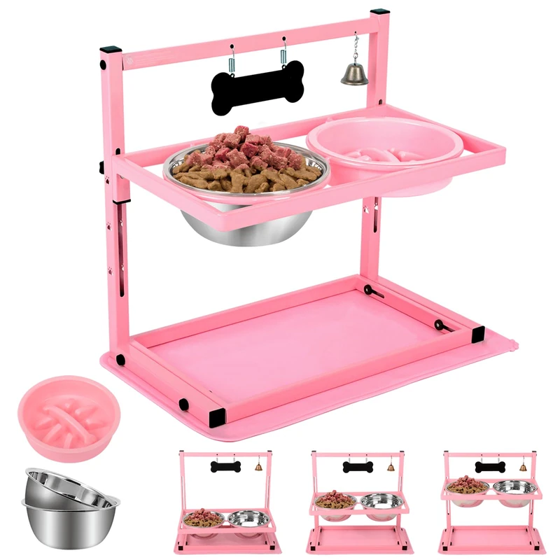 SHAINFUN Pink Elevated Dog Bowl Stand with Two 1700ml Stainless Steel Food Bowls, Slow Feeder and Spill Proof Mat, Adjustable Feeder for Large, Medium and Small Dogs