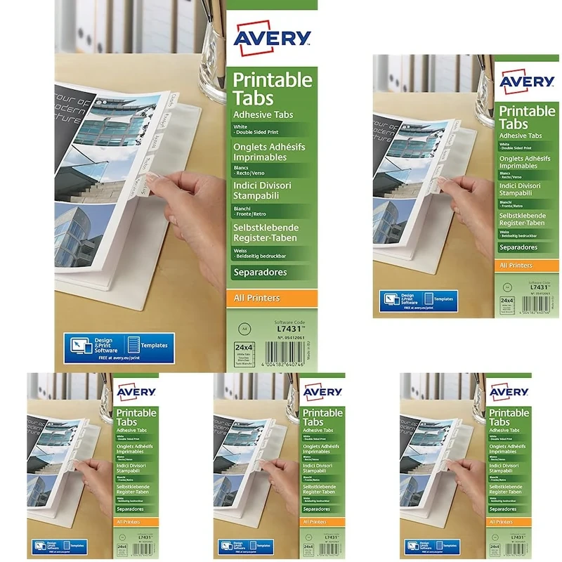 Avery 05412061.UK Double Sided Printable Adhesive Divider Tabs, 96 Tabs Per Pack - White (Pack of 5)