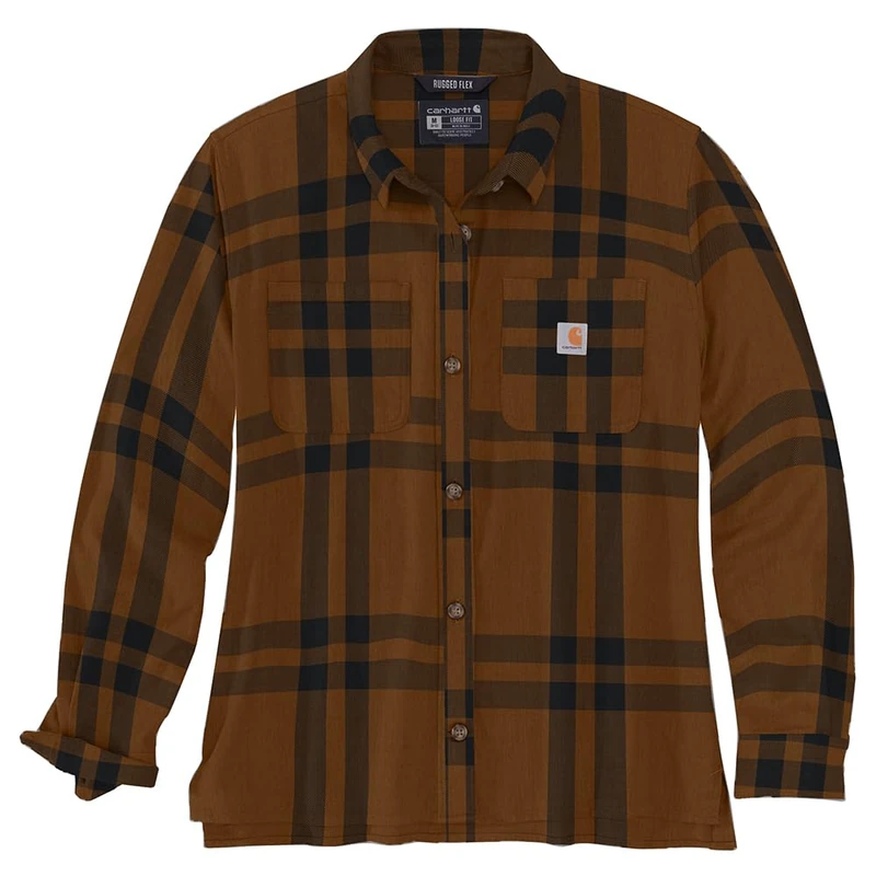 Carhartt Women's 105989 Women's Rugged Flex Loose Fit Midweight Flanne, Carhartt Brown Heather, L