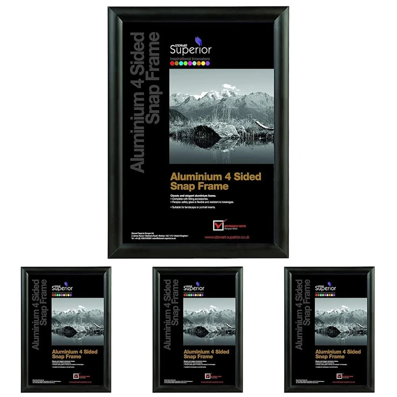 Stewart Superior A4 Aluminium 4 Sided 25mm Front Loading Picture/Poster Snap Frame - Black (Pack of 4)