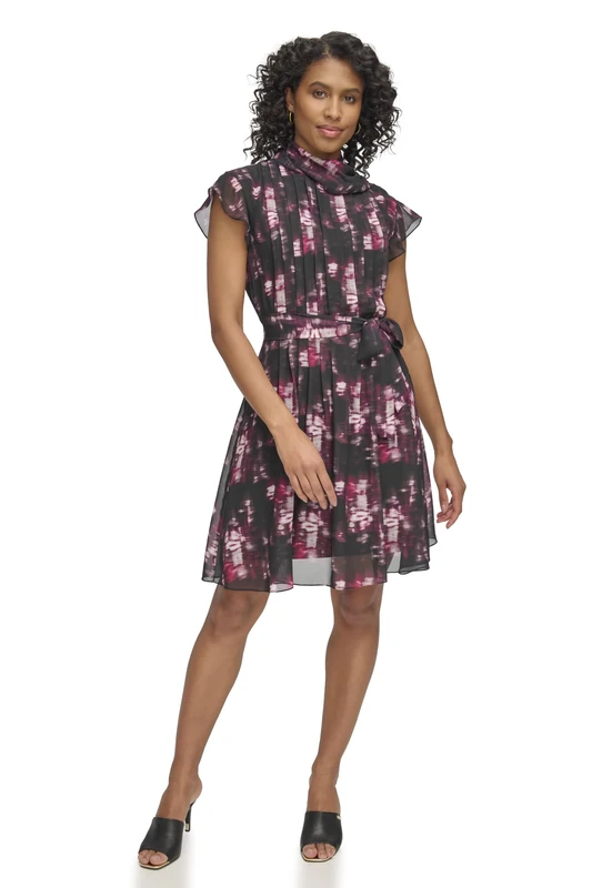 DKNY Women's Flutter Sleeve Mock Neck Dress, Black/Maroon, 6