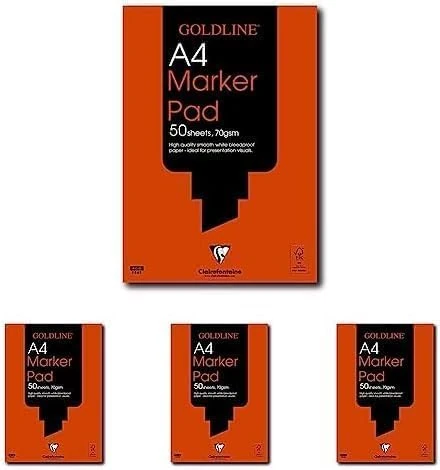 Clairefontaine Goldline Marker Pad, A4, 70gsm, Bleedproof, 50 Sheets (Pack of 4)