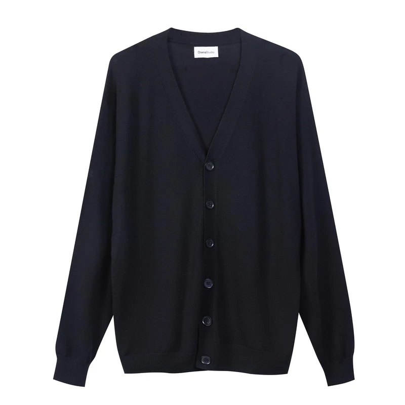 Diana Studio - 100% Merino Wool Men's Long Sleeve Casual Fit Cardigan, Black, XL