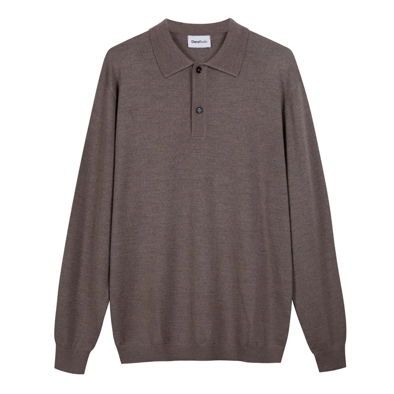 Diana Studio - Men's Polo Shirt in 100% Merino Wool, Long Sleeves, Casual Fit, Beige, S