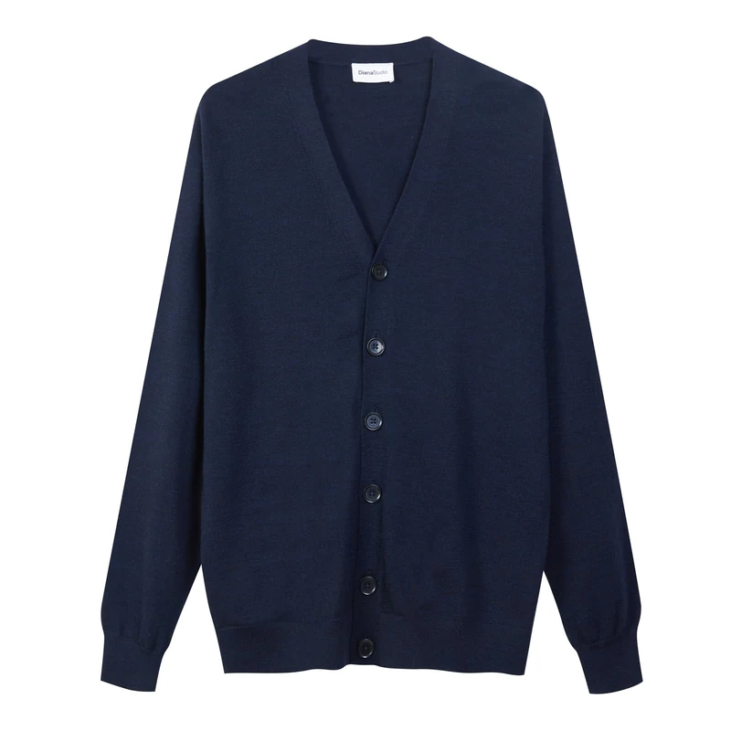 Diana Studio - 100% Merino Wool Men's Long Sleeve Casual Fit Cardigan, Blue, XL - Image 1