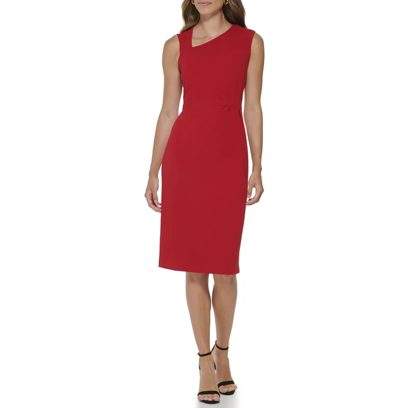 DKNY Women's Sleeveless Asymmetric Neck Scuba Crepe Dress, Scarlet, 8