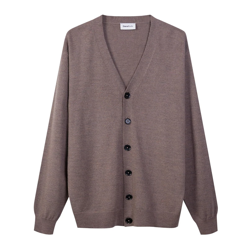 Diana Studio - 100% Merino Wool Men's Long Sleeve Casual Fit Cardigan, Beige, L