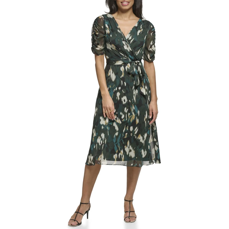 DKNY Women's Short Ruched Sleeve Faux Wrap Midi Dress, Pine Multi, 12