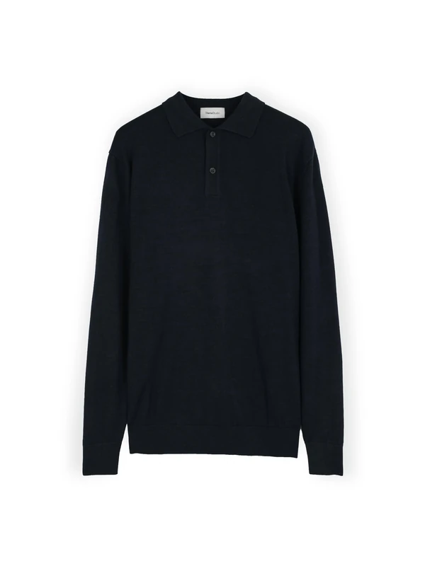 Diana Studio, Men's Basic Polo Shirt 100% Extra Fine Merino Wool Plain Long Sleeve, Blue, M