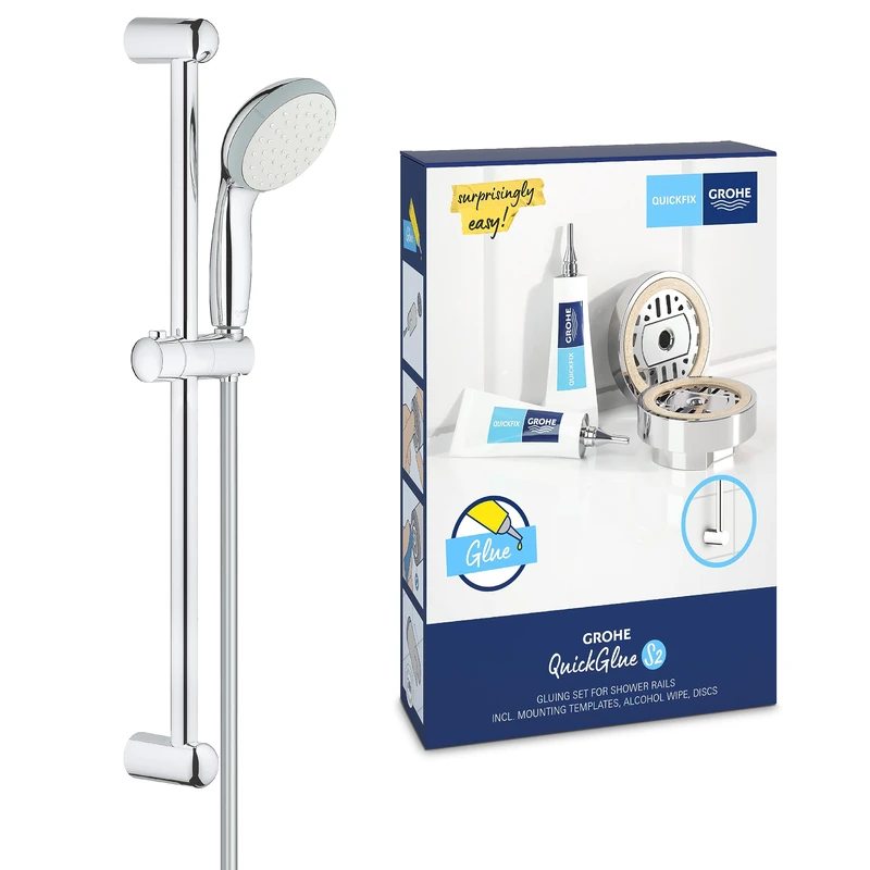GROHE Vitalio Go 100 & QuickGlue S2 - Shower Rail Set (Hand Shower 10 cm with Anti-Limescale System and Silicone Ring, Shower Rail 62 cm, Shower Hose 1.75 m, High Pressure), Chrome, 26196000