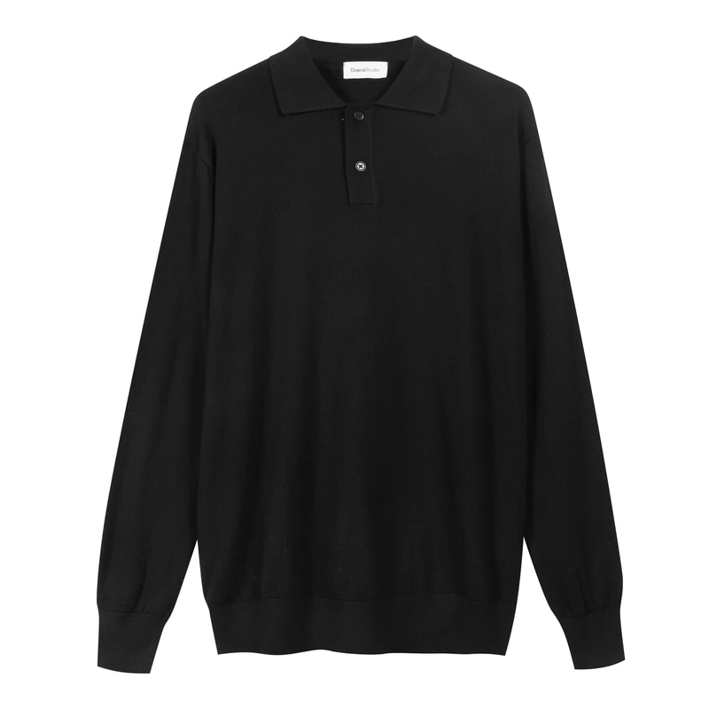 Diana Studio - Men's Polo Shirt in 100% Merino Wool, Long Sleeves, Casual Fit, Black, XL