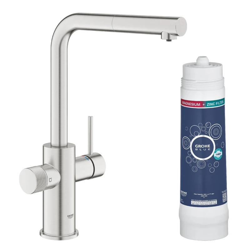 GROHE Blue Pure Minta Kitchen Sink 3 Ways Pull Out Mixer Tap with Under Sink Magnesium & Zinc Water Filter Starter Set (High L-Spout 360°, Tails 3/8 Inch, Capacity 400 L, Easy to Fit), Stainless Steel