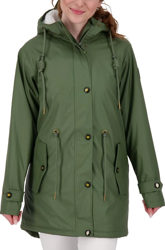 Ankerglut Women's Friesennerz Raincoat Rain Jacket with Hood Waterproof Weatherproof Windbreaker with Teddy Fleece, Olive, 36