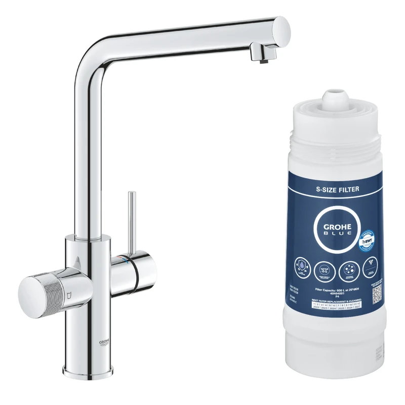 GROHE Blue Pure Minta Kitchen Sink 3 Ways Mixer Tap with S-Size Filter Starter Set (High L-Shaped 150° Swivel Spout, Tails 3/8 Inch, Cartridge Capacity 600 L, Easy to Fit), Chrome